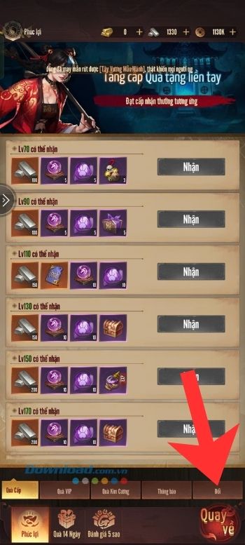 Nhấn vào mục Đổi