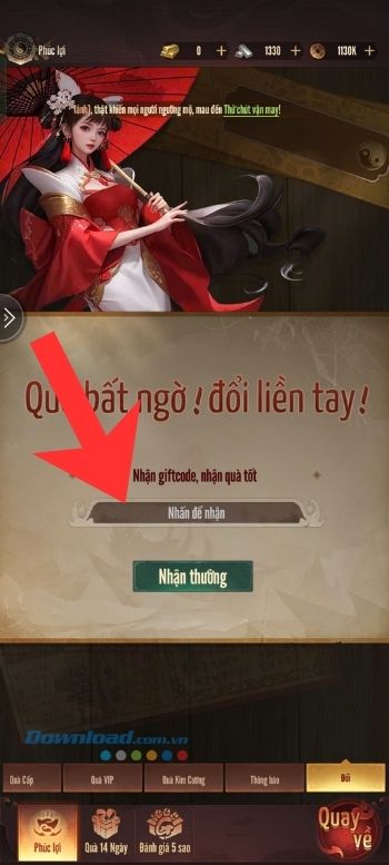 Nhập các code phía trên > Ấn vào nút Nhận thưởng