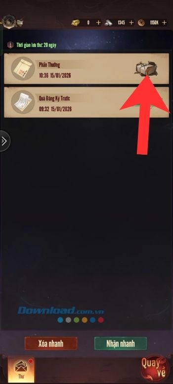 Nhấn vào mục thư Phần thưởng