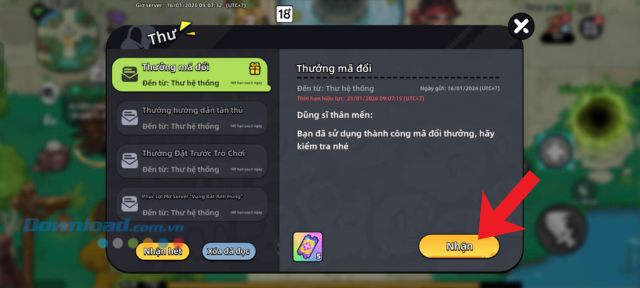 Chạm vào nút Nhận ở mục thư Thưởng mã đổi