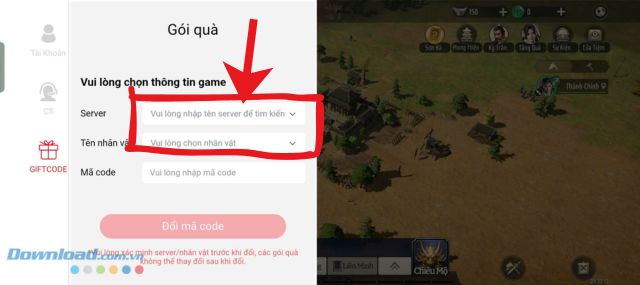 Nhập tên Sever và tài khoản game của mình