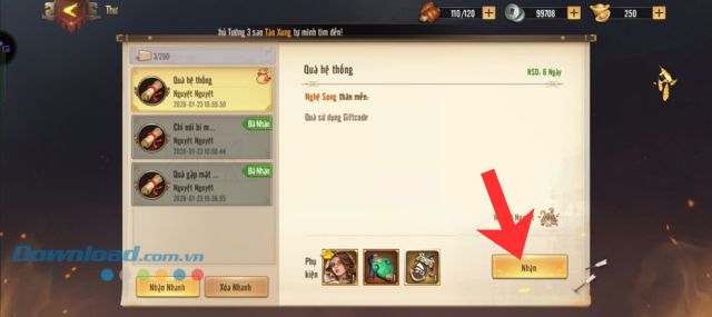 Ấn vào nút Nhận ở mục Quà hệ thống