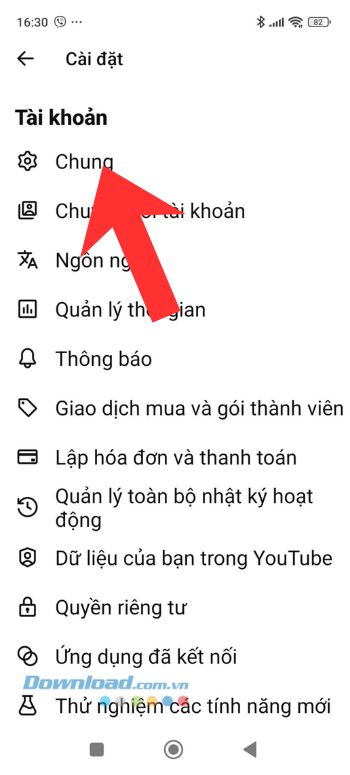 Chạm vào mục Chung