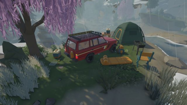 Hiệu ứng thời tiết và chú chó là điểm nhấn thú vị cho khung cảnh cắm trại