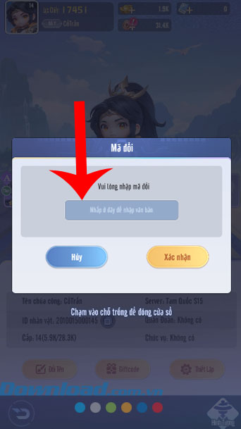 Nhập mã code ở phía bên trên