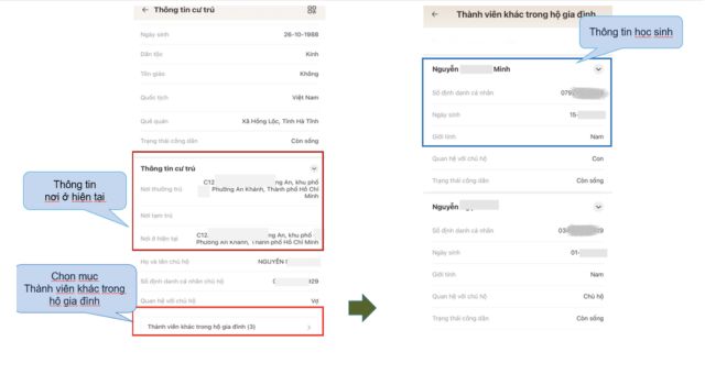 Chụp ảnh màn hình thể hiện rõ thông tin cư trú và thông tin của học sinh.