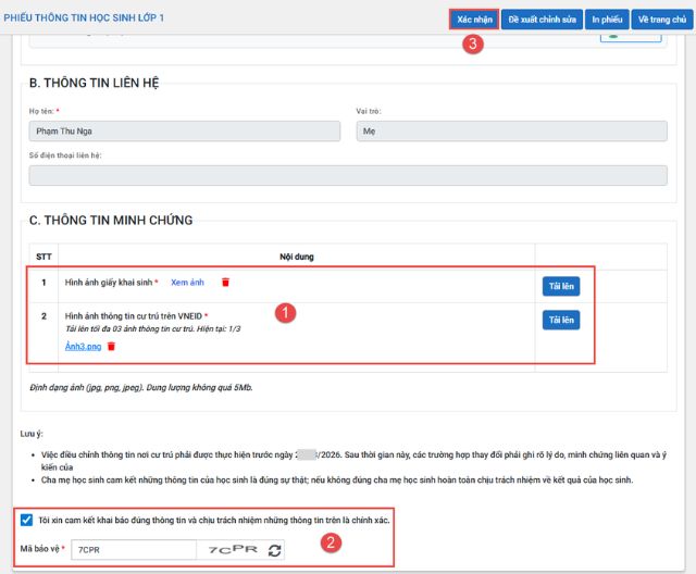 Tải ảnh minh chứng và xác nhận hồ sơ - Trường hợp thông tin đúng