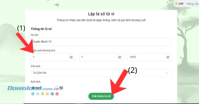 Nhập đầy đủ thông tin: Ngày/Tháng/Năm sinh, Giờ sinh, Giới tính > Click chuột vào nút Giải đoán lá số