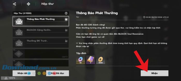 Nhấn vào nút Nhận tại hòm thư "Thông báo phát thưởng"