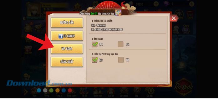 Ấn vào mục VIP Code.