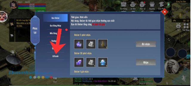 Nhấn vào mục Giftcode