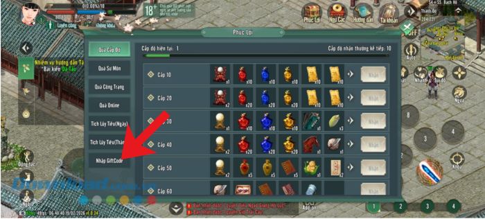 Ấn vào mục Nhập Giftcode.