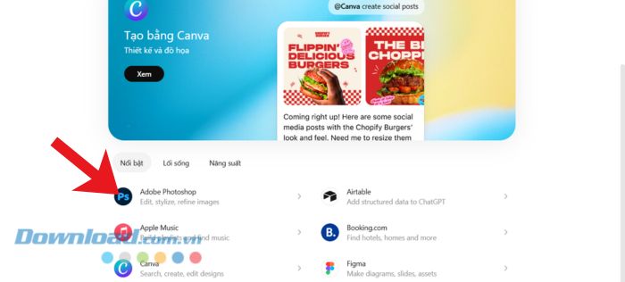 Chọn và nhấn vào ứng dụng Adobe Photoshop