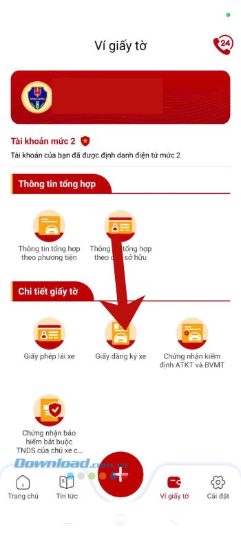 Chạm vào mục Giấy đăng ký xe