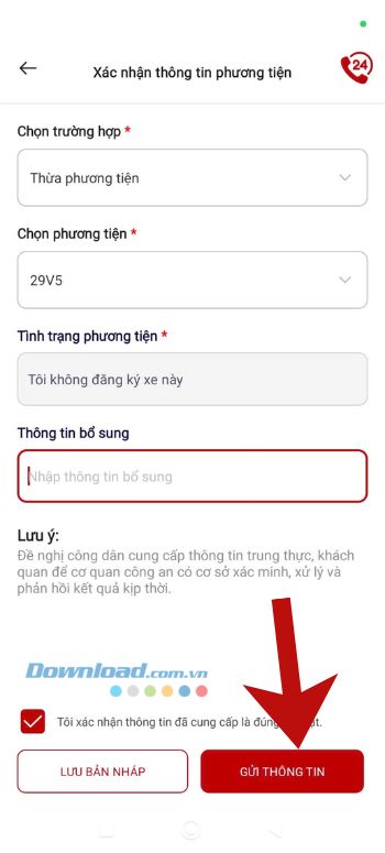 Ấn vào nút Gửi thông tin