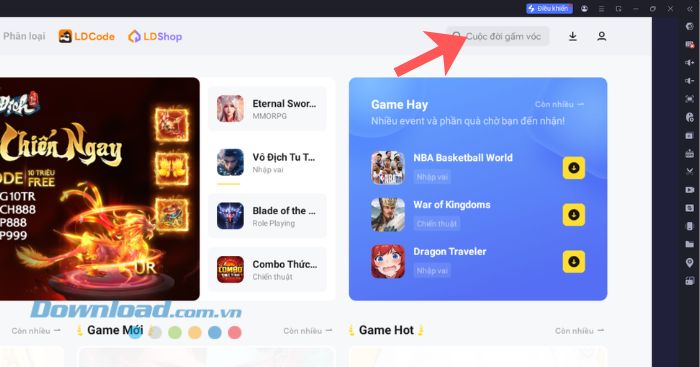 Click chuột vào khung tìm kiếm > Nhập từ khóa và tìm kiếm game Cuộc Đời Gấm Vóc