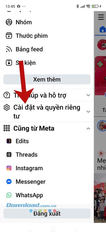 Chạm vào mục Cài đặt và Quyền riêng tư