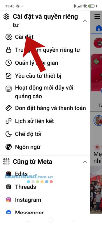 Nhấn vào mục Cài đặt