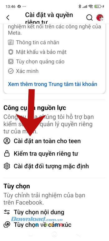 Ấn vào mục Cài đặt an toàn cho teen.