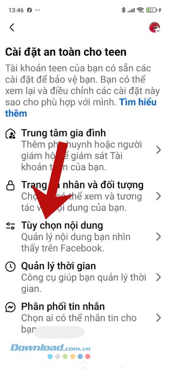 Chạm vào mục Tùy chọn nội dung