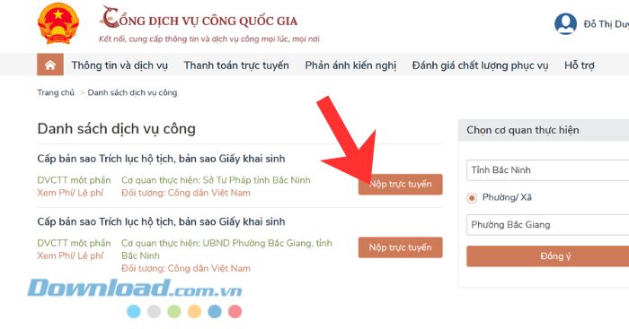 Click chuột vào nút Nộp trực tuyến