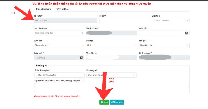 Điền đầy đủ thông tin công dân và hồ sơ đính kèm > Click chuột vào nút Lưu