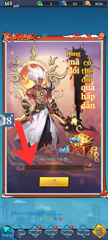 Nhập mã code game > Nhấn vào nút Đổi