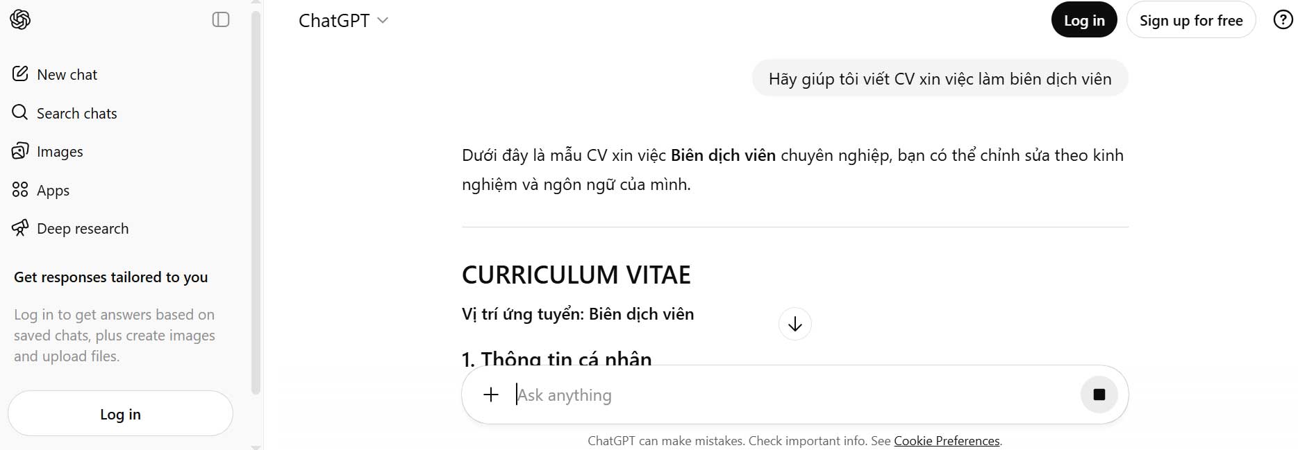 Dùng ChatGPT để viết CV xin việc