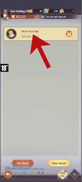 Ấn vào mục thư Đổi quà thành công