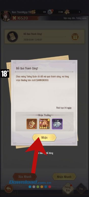 Chạm vào nút Nhận