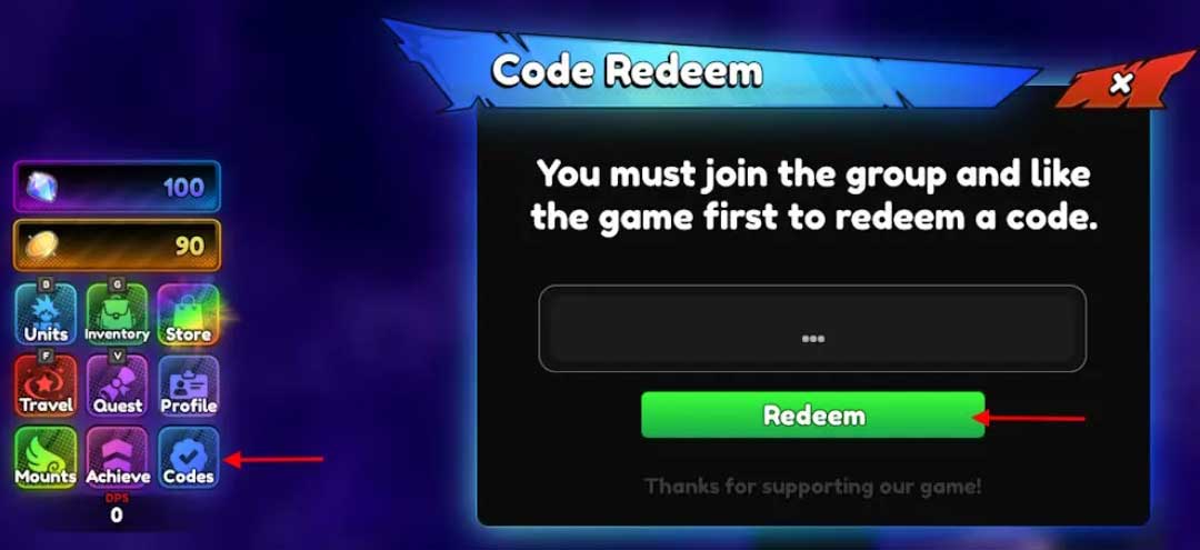 Màn hình đổi code Anime Tactical Simulator