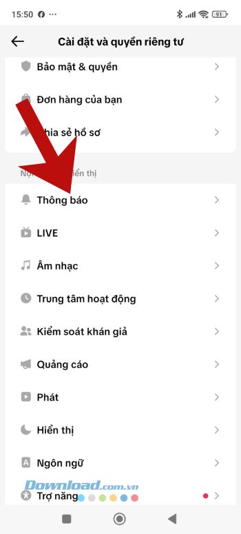 Nhấn vào mục Thông báo