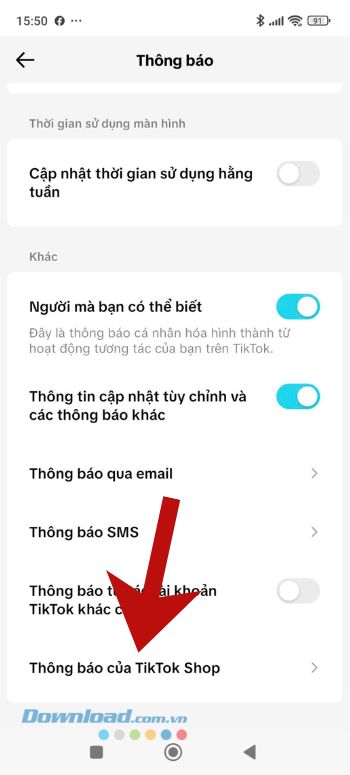 Ấn vào mục Thông báo của TikTok Shop