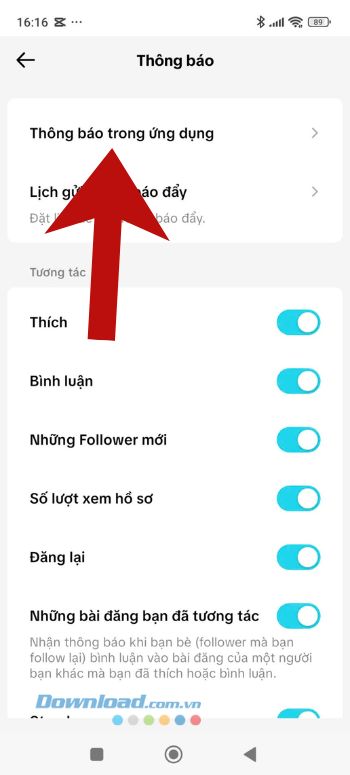 Chạm vào mục Thông báo trong ứng dụng