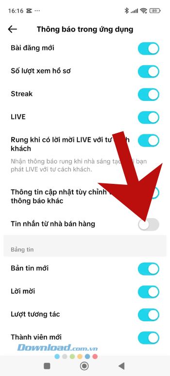 Gạt công tắc tại mục Tin nhắn từ nhà bán hàng
