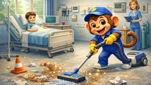 Cùng chú khỉ chăm chỉ dọn bệnh viện, phòng học, nhà cửa...