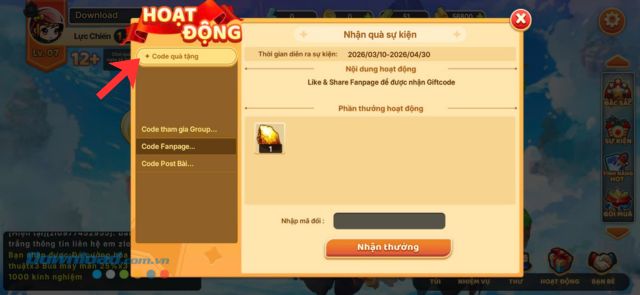 Ấn vào mục Code quà tặng