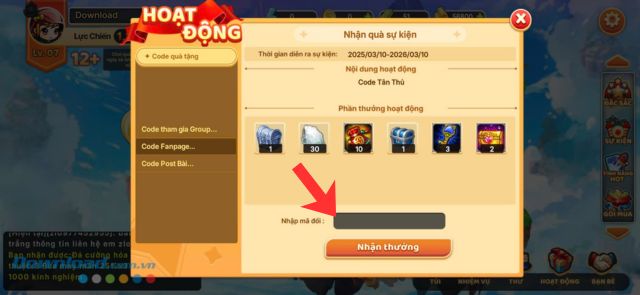Nhập chính xác mã code > Chạm nút Nhận thưởng