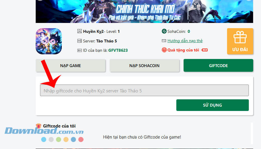 Nhập chính xác mã code game ở phía bên trên, rồi chạm vào nút Sử dụng.