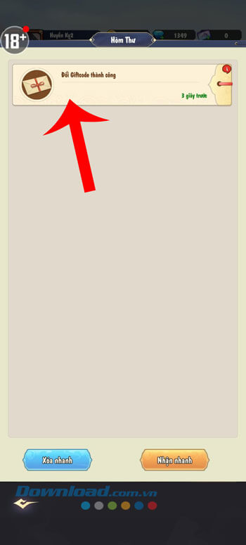 Nhấn vào mục Đổi giftcode thành công