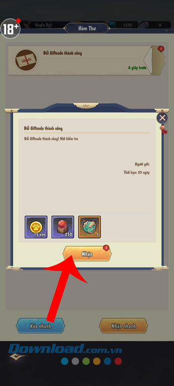 Ấn vào nút Nhận.