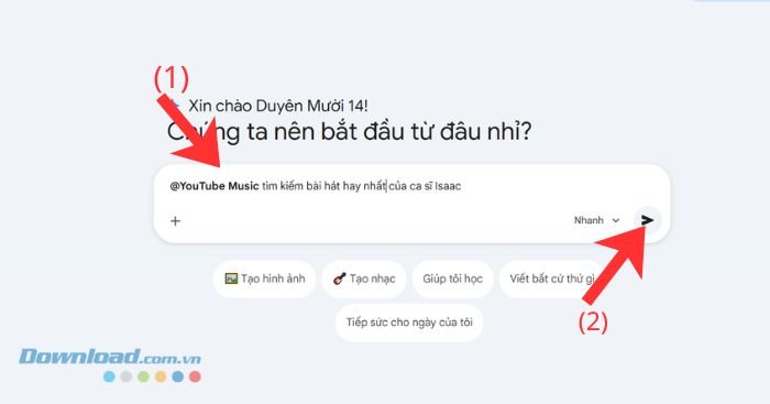Nhập tên bài hát, ca sĩ hoặc mô tả bất kỳ về bài hát mà mình muốn nghe > Nhấp chuột vào biểu tượng Gử