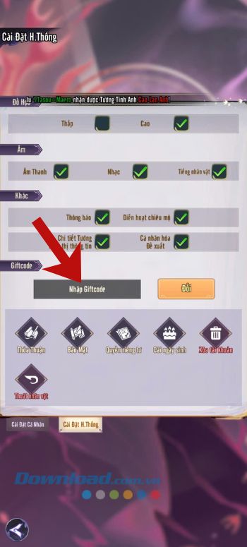 Nhập mã code của game > Chạm vào nút Đổi