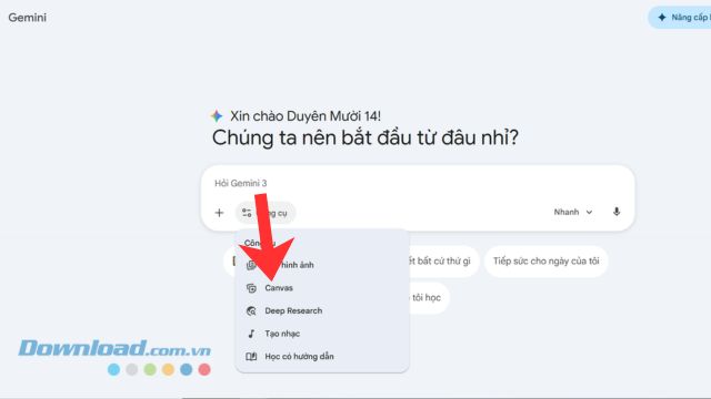 Nhấn và lựa chọn mục Canvas