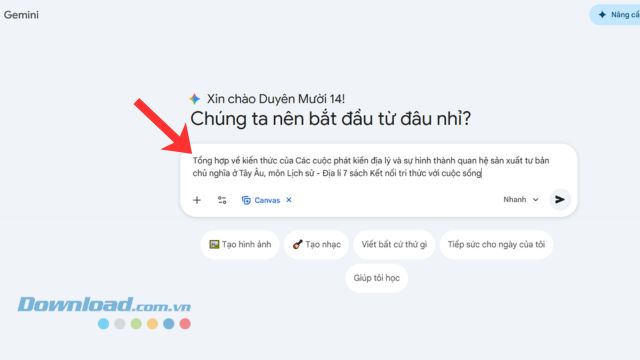 Nhập câu lệnh để hệ thống Gemini bắt đầu tổng hợp kiến thức