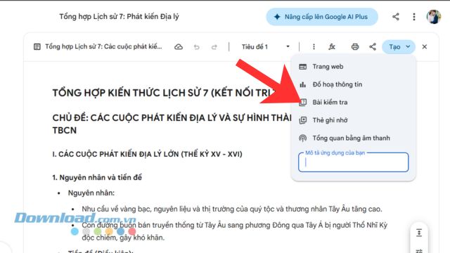 Click chuột và lựa chọn mục Bài kiểm tra