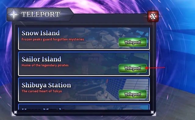 Sử dụng cổng dịch chuyển và chọn “Teleport” đến Sailor Island
