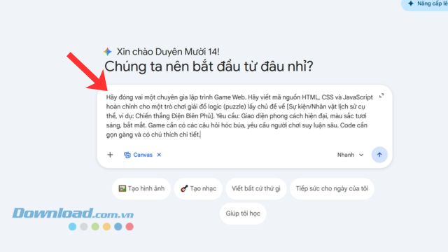 Nhập câu lệnh mô tả ý tưởng trò chơi