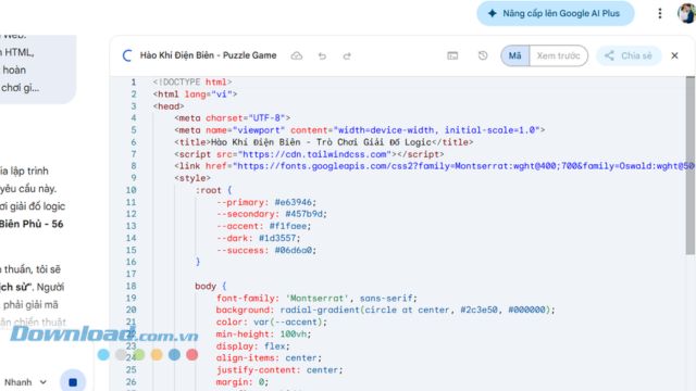 Đợi hệ thống Gemini sẽ phân tích yêu cầu và bắt đầu tạo mã lập trình