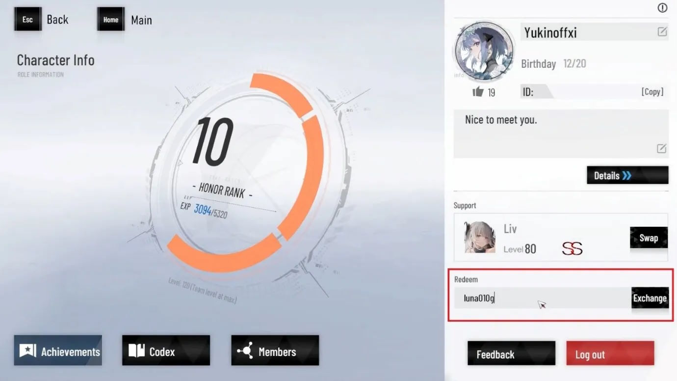 Màn hình đổi code Punishing: Gray Raven